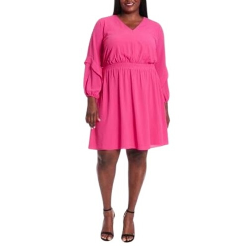 934. London Times Women's Pink Smocked Long Sleeve Dress Size 2X Casual Style